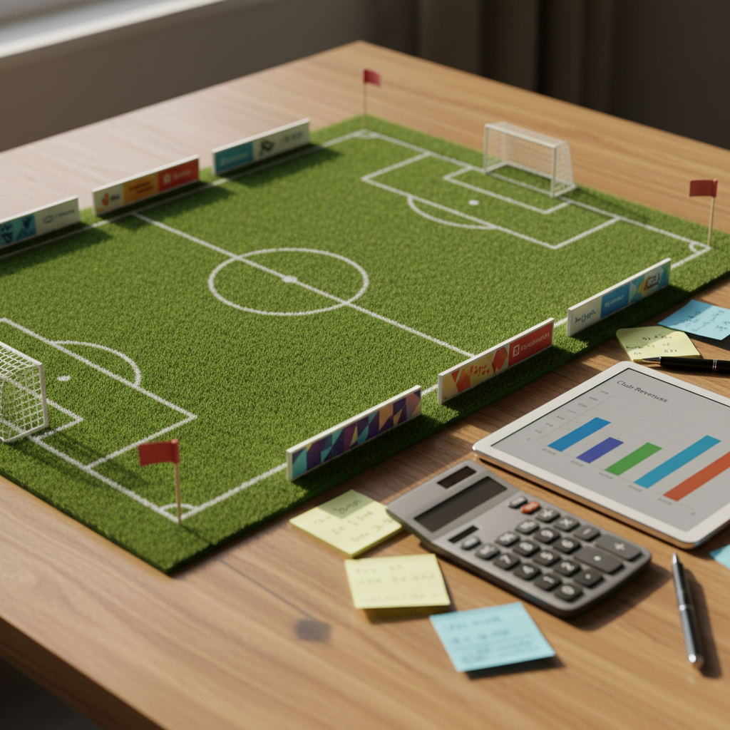 A close-up of a meticulously detailed green football pitch model on a table, with miniature goals, corner flags, and tiny sponsor boards lined along the touchlines displaying abstract brand logos. Beside the pitch, a sleek silver calculator, a tablet showing a colorful bar chart of club revenues, and scattered sticky notes with handwritten figures form a tidy organized mess. Soft afternoon light from a nearby window casts gentle shadows and a warm glow across the scene. Captured from a slightly elevated angle in photographic realism, the composition uses the rule of thirds to balance the pitch and financial tools, creating an inviting, analytical atmosphere that feels playful yet professional.